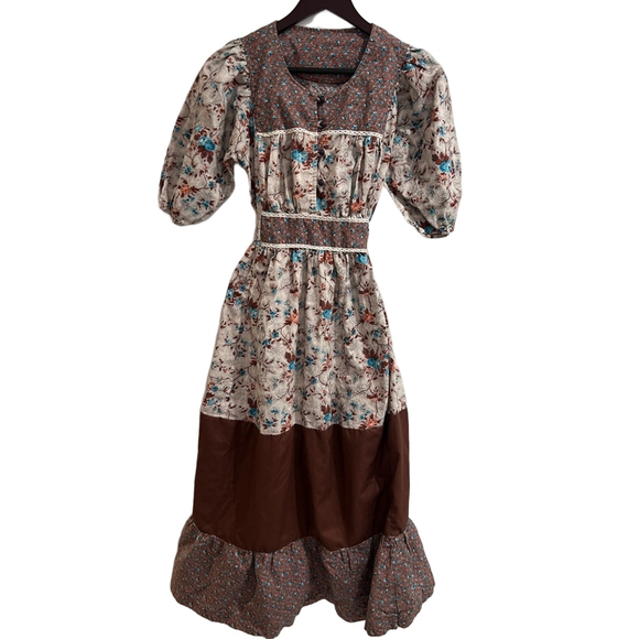 Vintage America Dresses & Skirts - Vintage Prairie Floral Maxi Dress - Puff Sleeve Cottagecore Boho Size M Brown